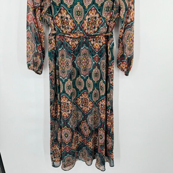 LOFT dress midi Womens Sz Large petite Boho medallion Patterned Belt Green long - Picture 10 of 12